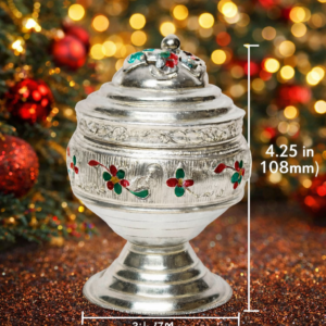 German Silver Kumkum Container with Enamel Floral Accents