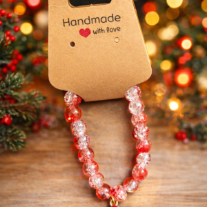 Handmade Bracelet - Red Crackle Beds with Christmas Charm