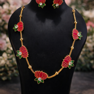 Exquisite Gold-Plated Lotus Flower Necklace & Earrings Set – Red & Green Enamel with Sparkling Cubic Zirconia